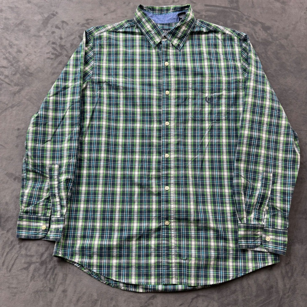 Chaps Mens Large Easy Care Plaid Button Down Shirt Green Blue Long Sleeve